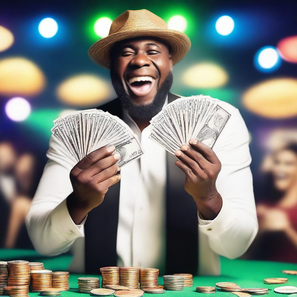 A person celebrating a big win from a bet, holding a stack of money with a joyful expression