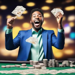 A person celebrating a big win from a bet, holding a stack of money with a joyful expression