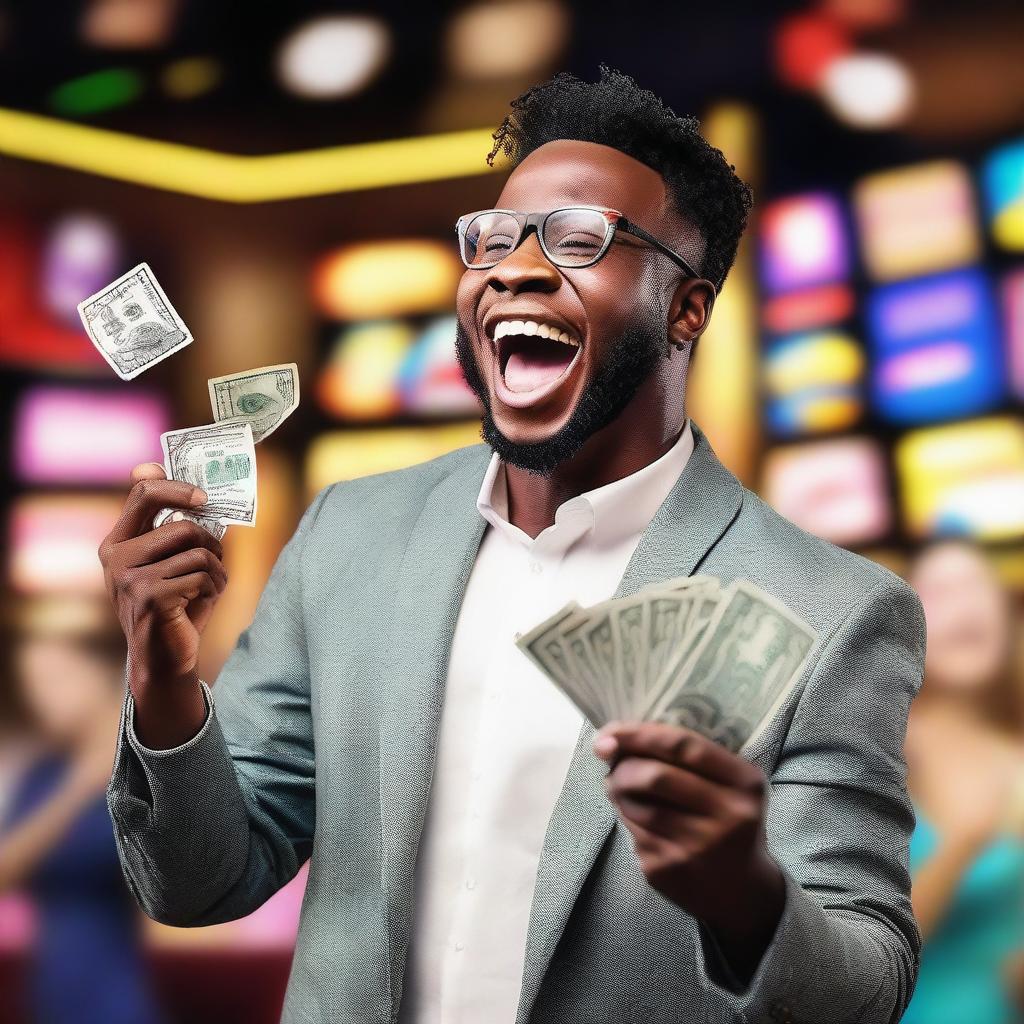 A person celebrating a big win from a bet, holding a stack of money with a joyful expression