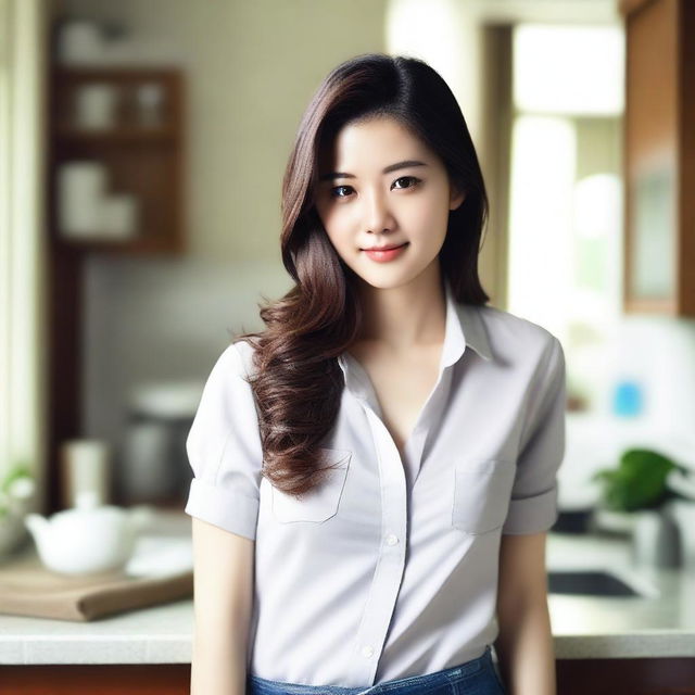 A 25-year-old housewife from Seoul wearing a dress shirt and tight jeans