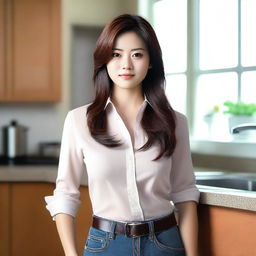 A 25-year-old housewife from Seoul wearing a dress shirt and tight jeans