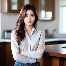 A 25-year-old housewife from Seoul wearing a dress shirt and tight jeans