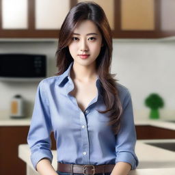 A 25-year-old housewife from Seoul wearing a dress shirt and tight jeans