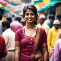 An Indian woman in traditional attire, specifically a blouse, standing in a crowded area