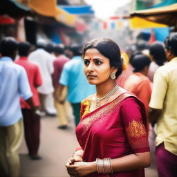 An Indian woman in traditional attire, specifically a blouse, standing in a crowded area