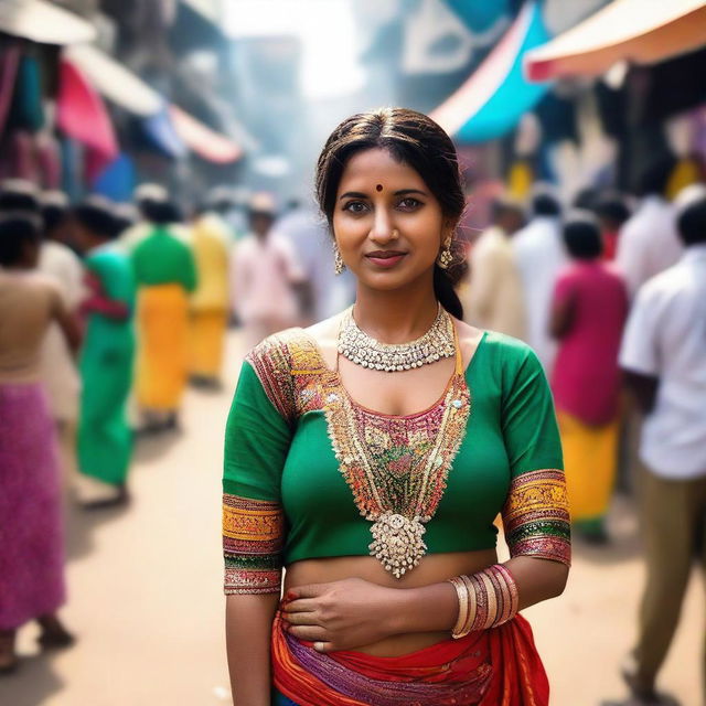 An Indian woman in traditional attire, specifically a blouse, standing in a crowded area