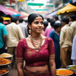 An Indian woman in traditional attire, specifically a blouse, standing in a crowded area