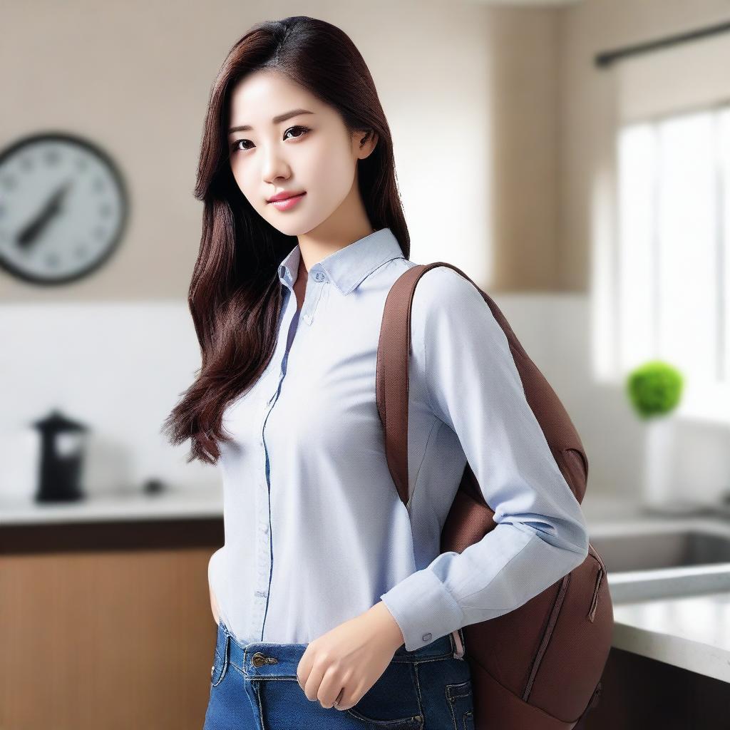 A 25-year-old housewife from Seoul wearing a dress shirt and tight jeans with a backpack