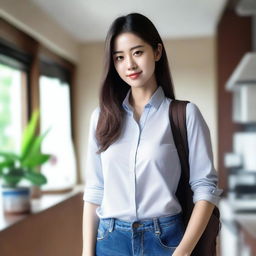 A 25-year-old housewife from Seoul wearing a dress shirt and tight jeans with a backpack