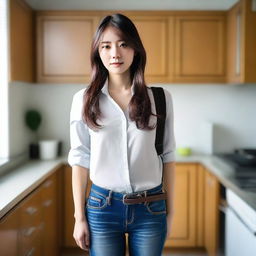 A 25-year-old housewife from Seoul wearing a dress shirt and tight jeans with a backpack