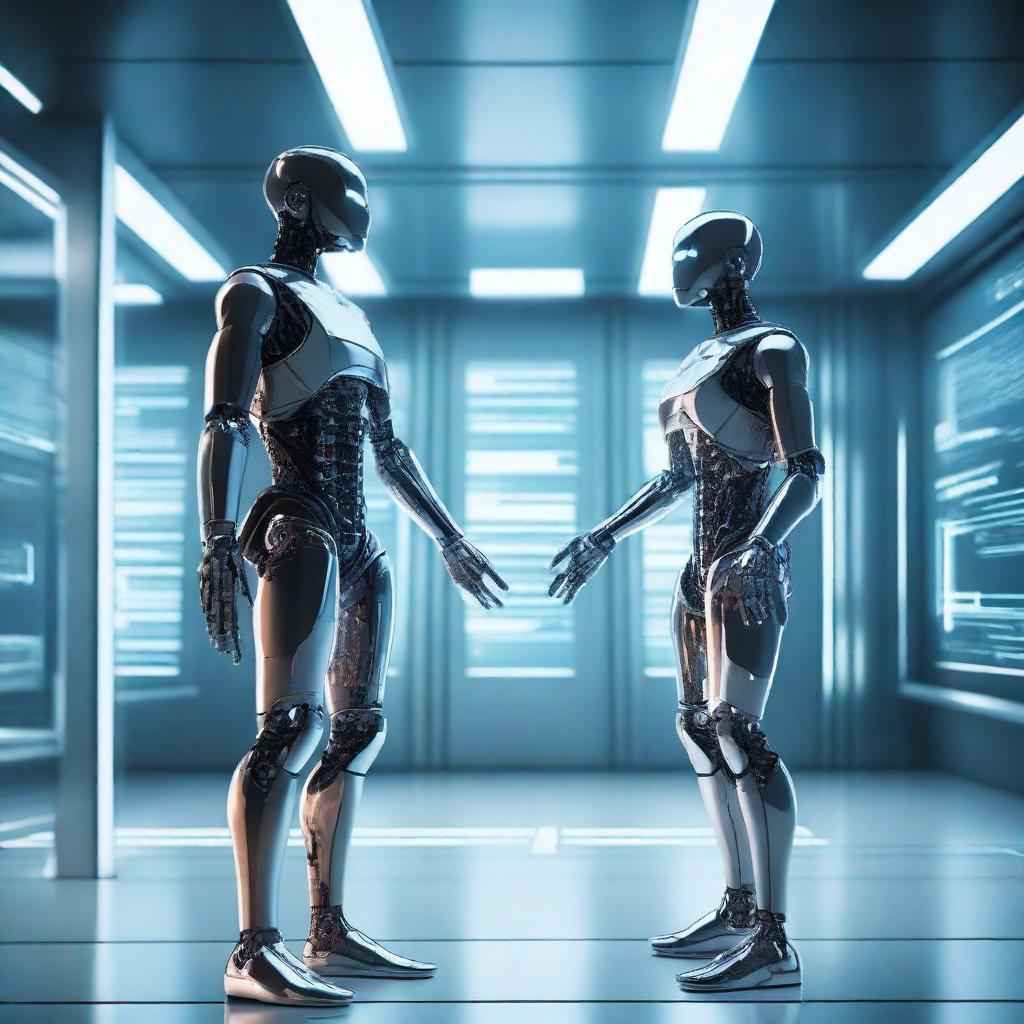 A futuristic scene featuring two individuals, one is a human and the other is a robot clone of the human