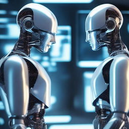 A futuristic scene featuring two individuals, one is a human and the other is a robot clone of the human