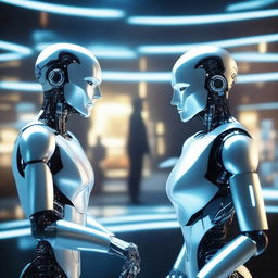 A futuristic scene featuring two individuals, one is a human and the other is a robot clone of the human