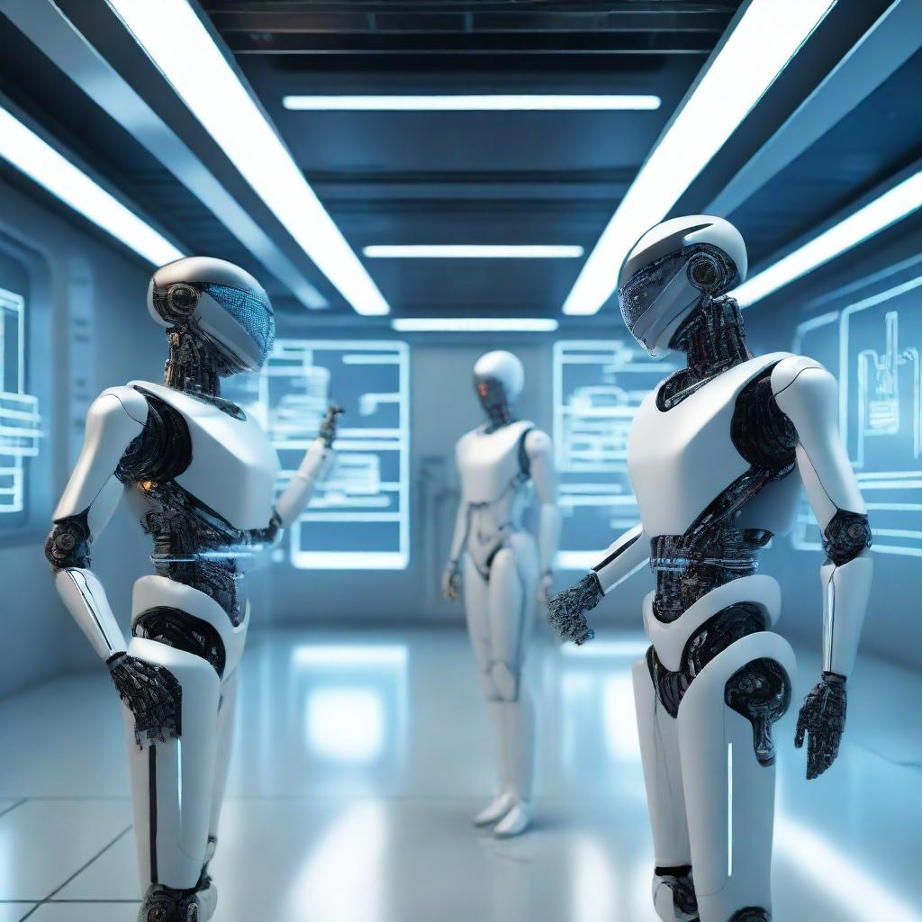 A futuristic scene featuring two individuals, one is a human and the other is a robot clone of the human