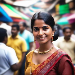 An Indian woman in a traditional blouse standing in a crowded area