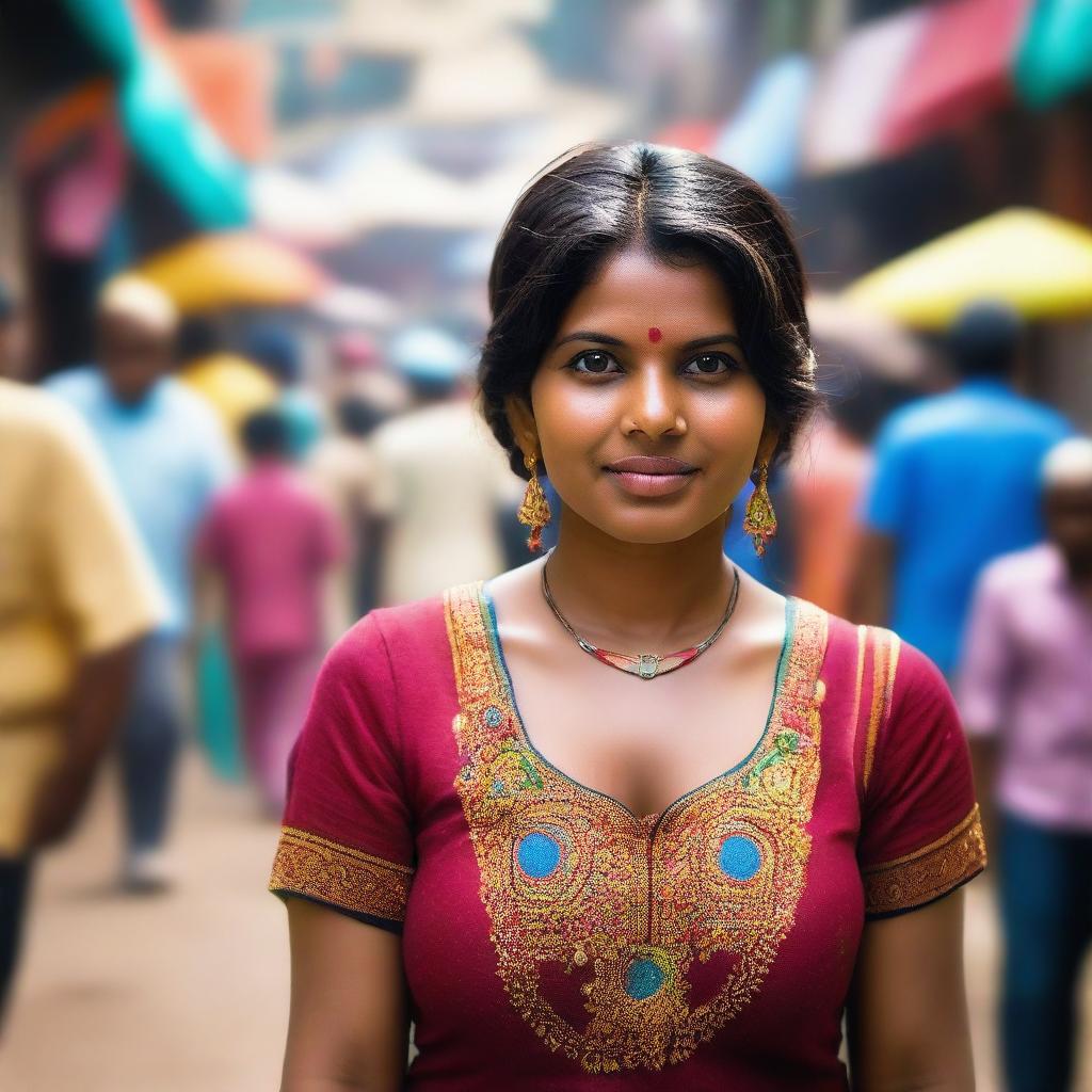 An Indian woman in a traditional blouse standing in a crowded area