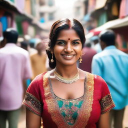 An Indian woman in a traditional blouse standing in a crowded area