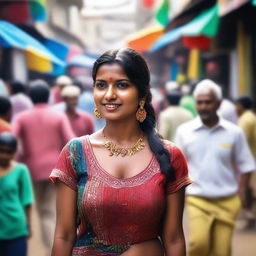 An Indian woman in a traditional blouse standing in a crowded area