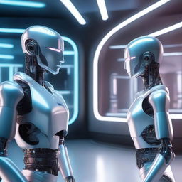 A futuristic scene featuring two individuals, one is a real human and the other is a robot clone of the human