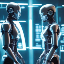 A futuristic scene featuring two individuals, one is a real human and the other is a robot clone of the human