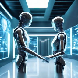 A futuristic scene featuring two individuals, one is a real human and the other is a robot clone of the human