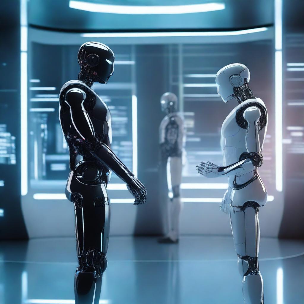 A futuristic scene featuring two individuals, one is a real human and the other is a robot clone of the human