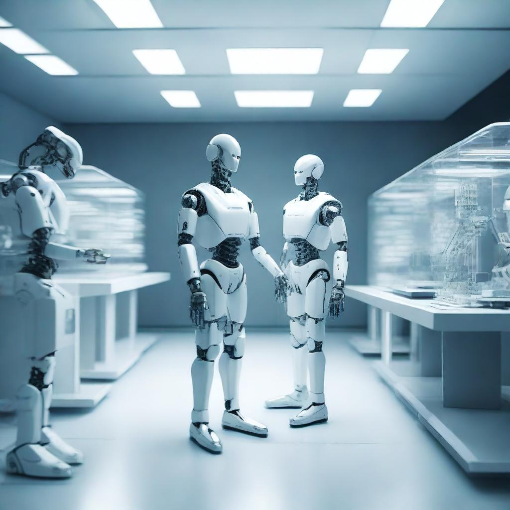 A futuristic laboratory scene where scientists are in the process of cloning a robot from a real human