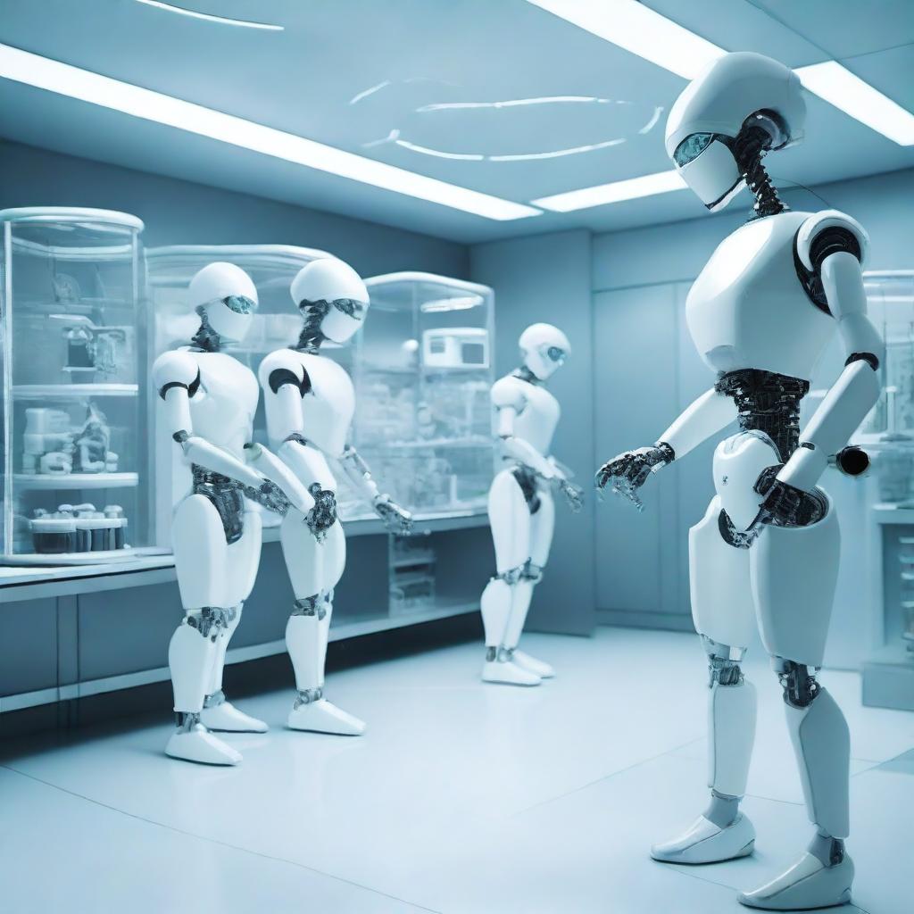 A futuristic laboratory scene where scientists are in the process of cloning a robot from a real human