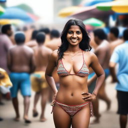 An Indian woman standing in a crowded place, wearing a bikini