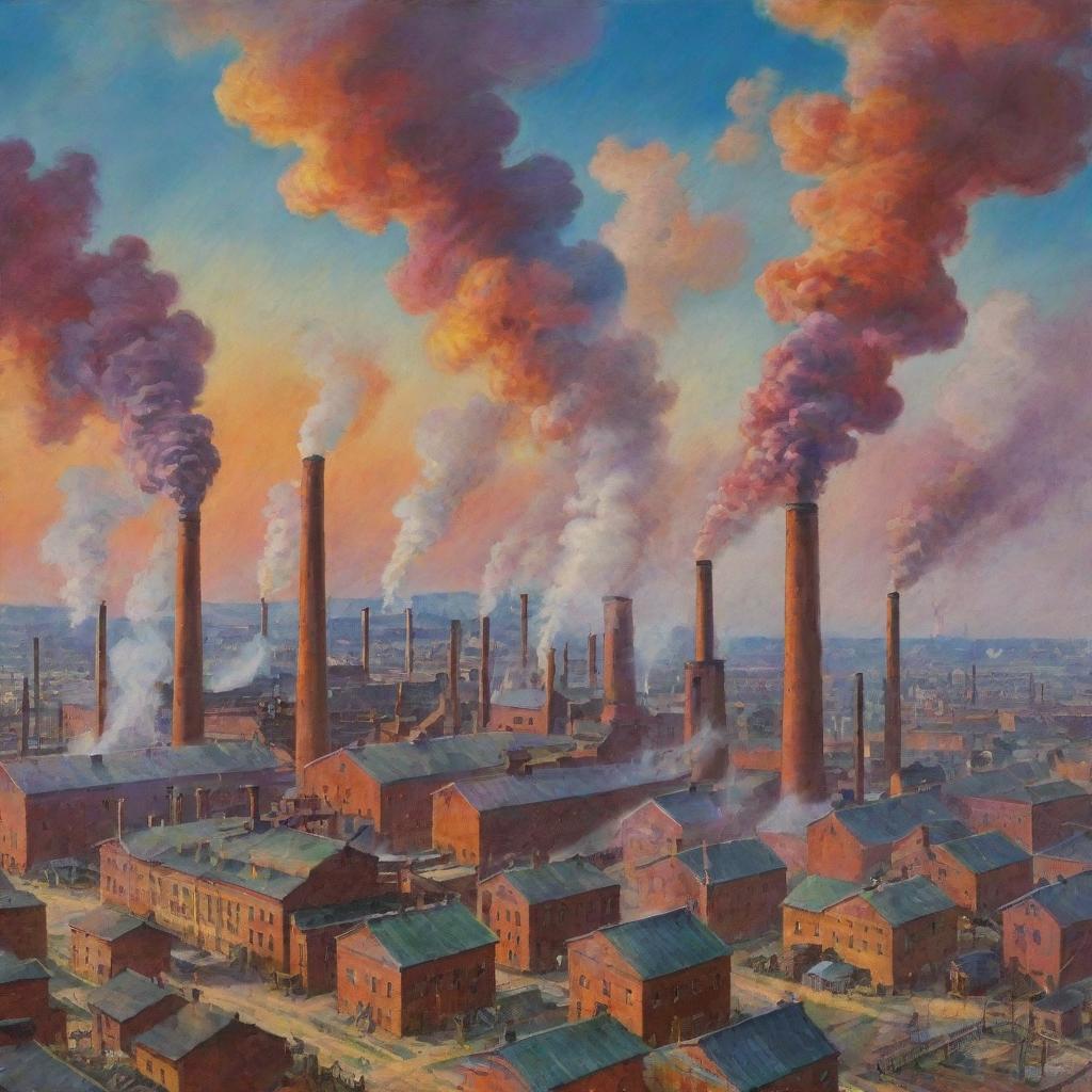 A vivid and colorful interpretation of the Industrial Revolution, showcasing bustling factories, vibrant industrial landscapes with colorful smoke billowing from chimneys