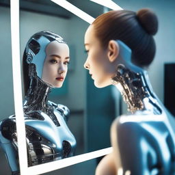 A beautiful woman looking into a mirror, but the reflection in the mirror is that of a robot