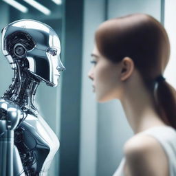 A beautiful woman looking into a mirror, but the reflection in the mirror is that of a robot