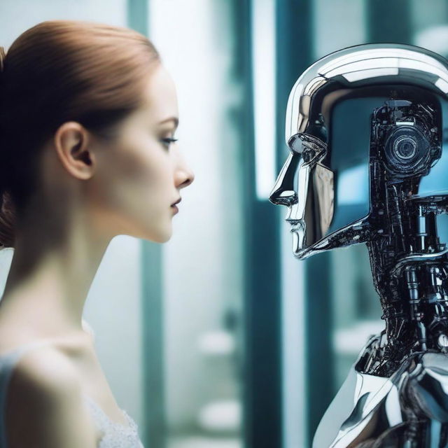 A beautiful woman looking into a mirror, but the reflection in the mirror is that of a robot