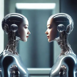 A beautiful woman looking into a mirror, but the reflection in the mirror is that of a robot