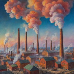 A vivid and colorful interpretation of the Industrial Revolution, showcasing bustling factories, vibrant industrial landscapes with colorful smoke billowing from chimneys