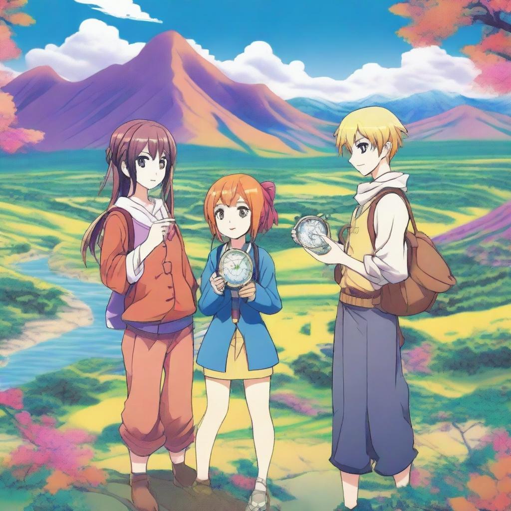 Three manga characters holding a compass