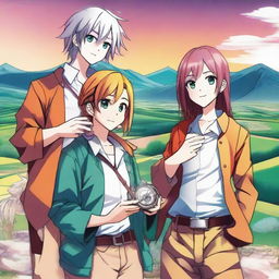 Three manga characters holding a compass