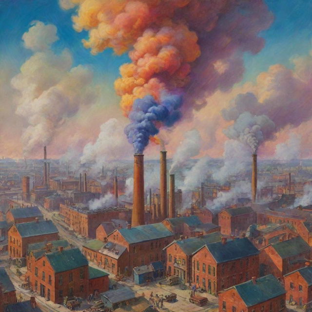 A vivid and colorful interpretation of the Industrial Revolution, showcasing bustling factories, vibrant industrial landscapes with colorful smoke billowing from chimneys