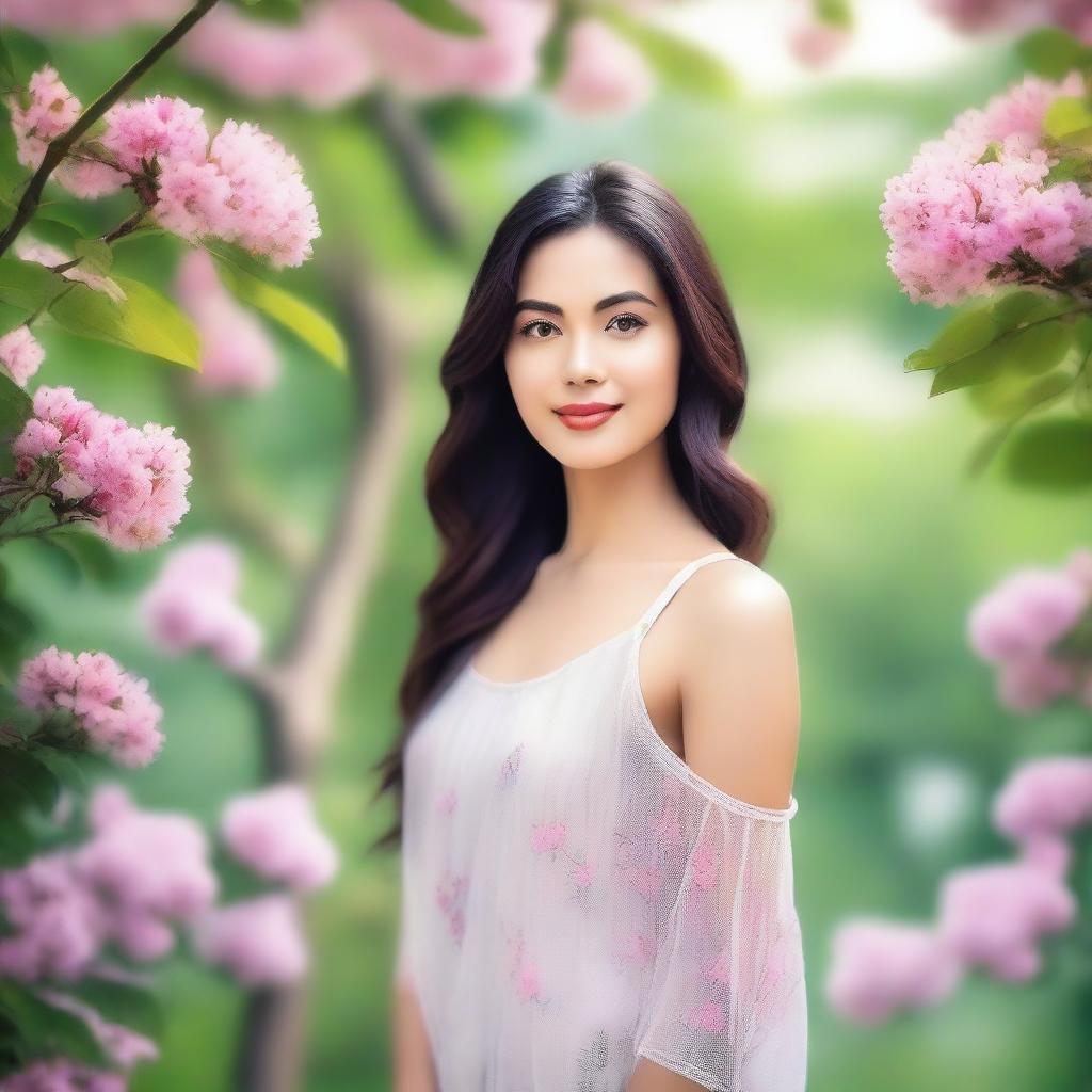 A beautiful woman standing in a natural setting, with a serene background of trees and flowers