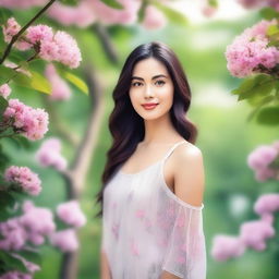 A beautiful woman standing in a natural setting, with a serene background of trees and flowers