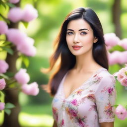 A beautiful woman standing in a natural setting, with a serene background of trees and flowers