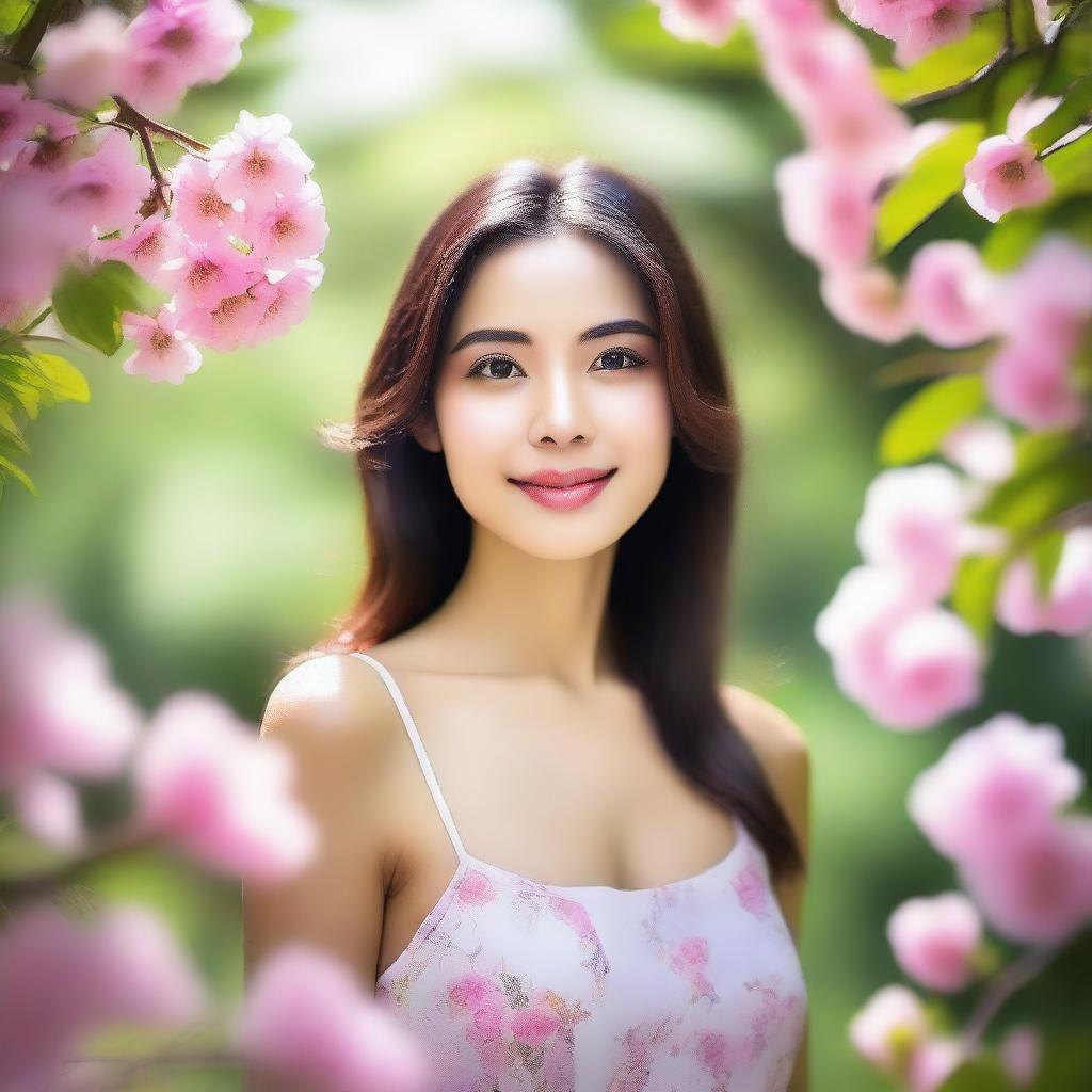 A beautiful woman standing in a natural setting, with a serene background of trees and flowers