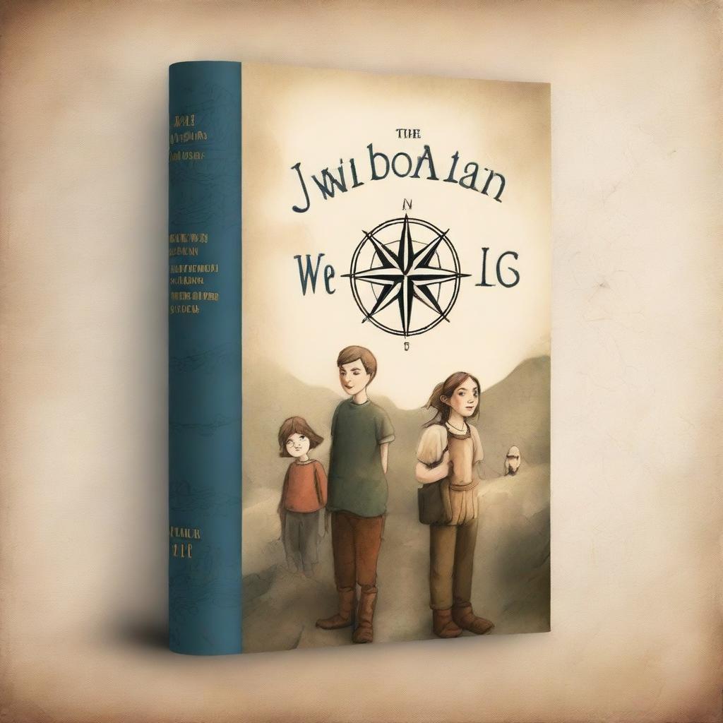 A book cover featuring a compass image, along with two boys, one girl, and an old man