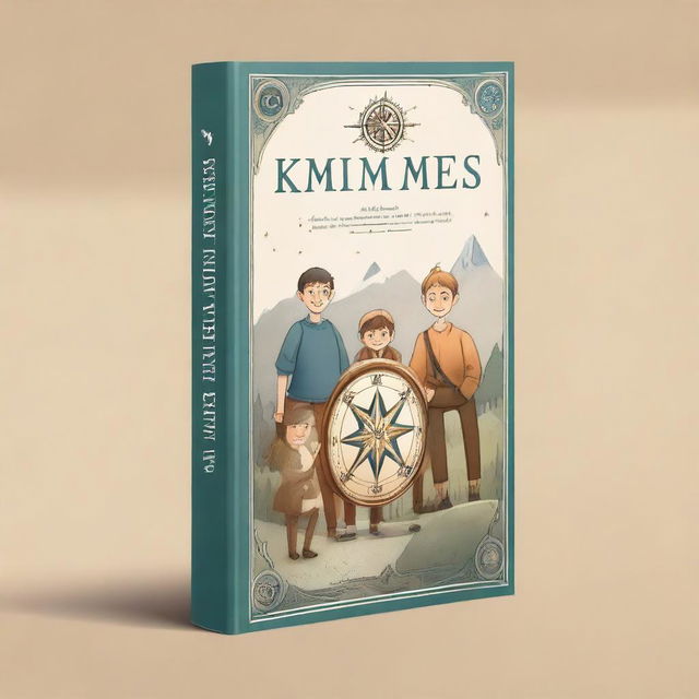 A book cover featuring a compass image, along with two boys, one girl, and an old man