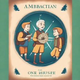 A book cover featuring a compass image, along with two boys, one girl, and an old man