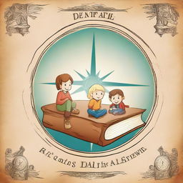 A book cover featuring a compass image, along with two boys, one girl, and an old man