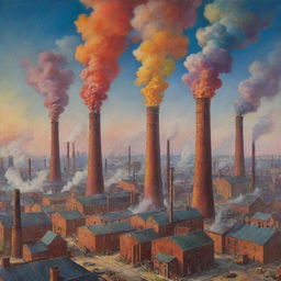 A vivid and colorful interpretation of the Industrial Revolution, showcasing bustling factories, vibrant industrial landscapes with colorful smoke billowing from chimneys