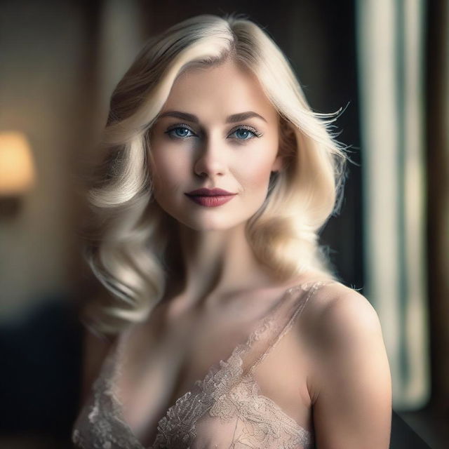 A beautiful blonde woman with elegant features, dressed in a stylish outfit that accentuates her figure