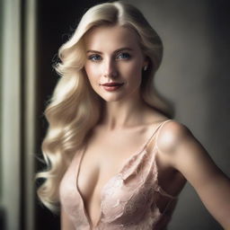 A beautiful blonde woman with elegant features, dressed in a stylish outfit that accentuates her figure