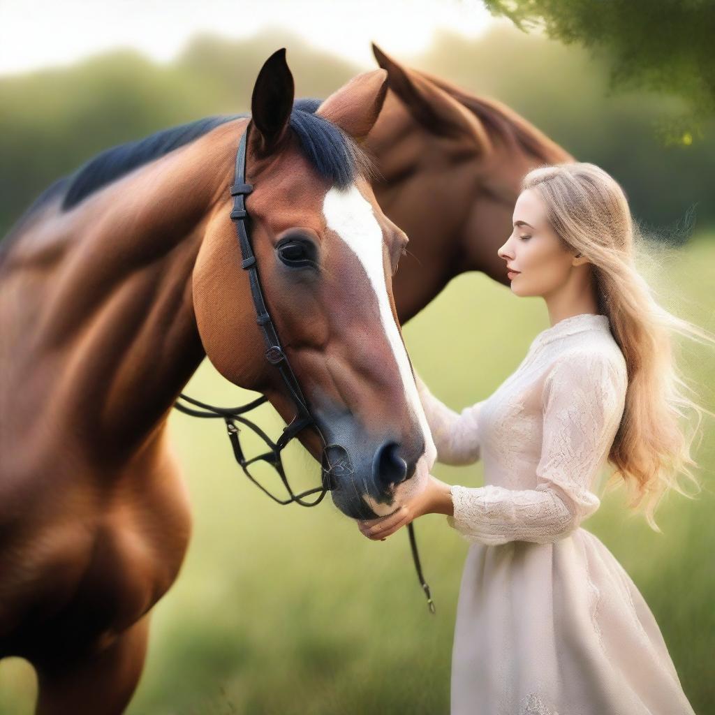 Create a romantic, contemporary book cover featuring a woman, a horse, and a man